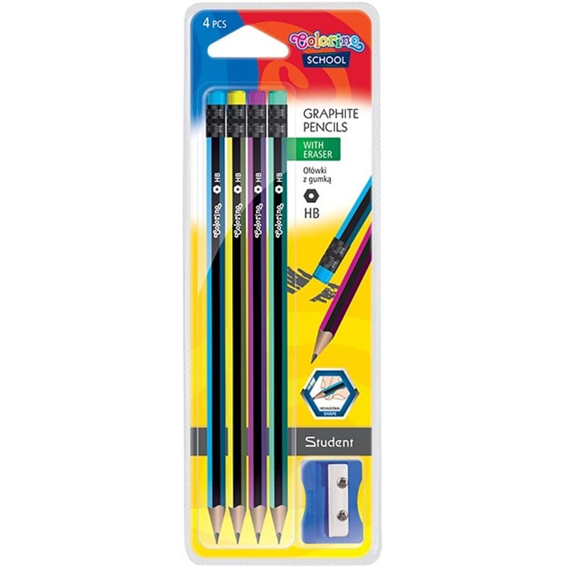 Hex HB Student Pencils +Sharpener 4 Pk
