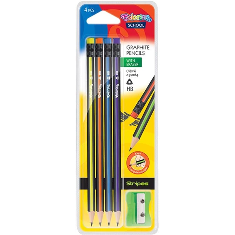 Tri HB Stripes Pencils +Sharpener 4 Pk