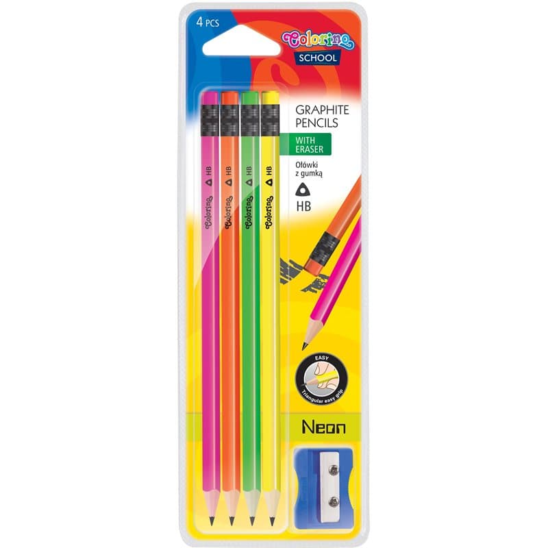 Tri HB Neon Pencils +Sharpener 4 Pk