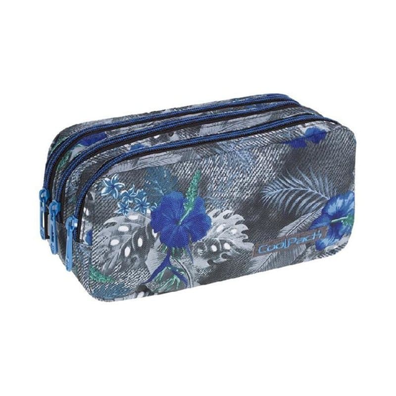 Pencil Case 3 Zip Blue Hibiscus