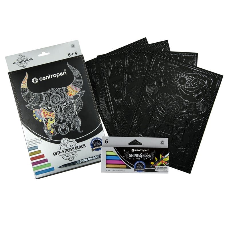Black Anti Stress Colouring Pk 6 Pens